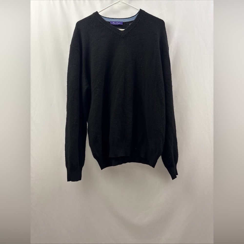 Alan Flusser Sweater Mens Large Black Solid V-neck 100% Cashmere Knit Pullover
